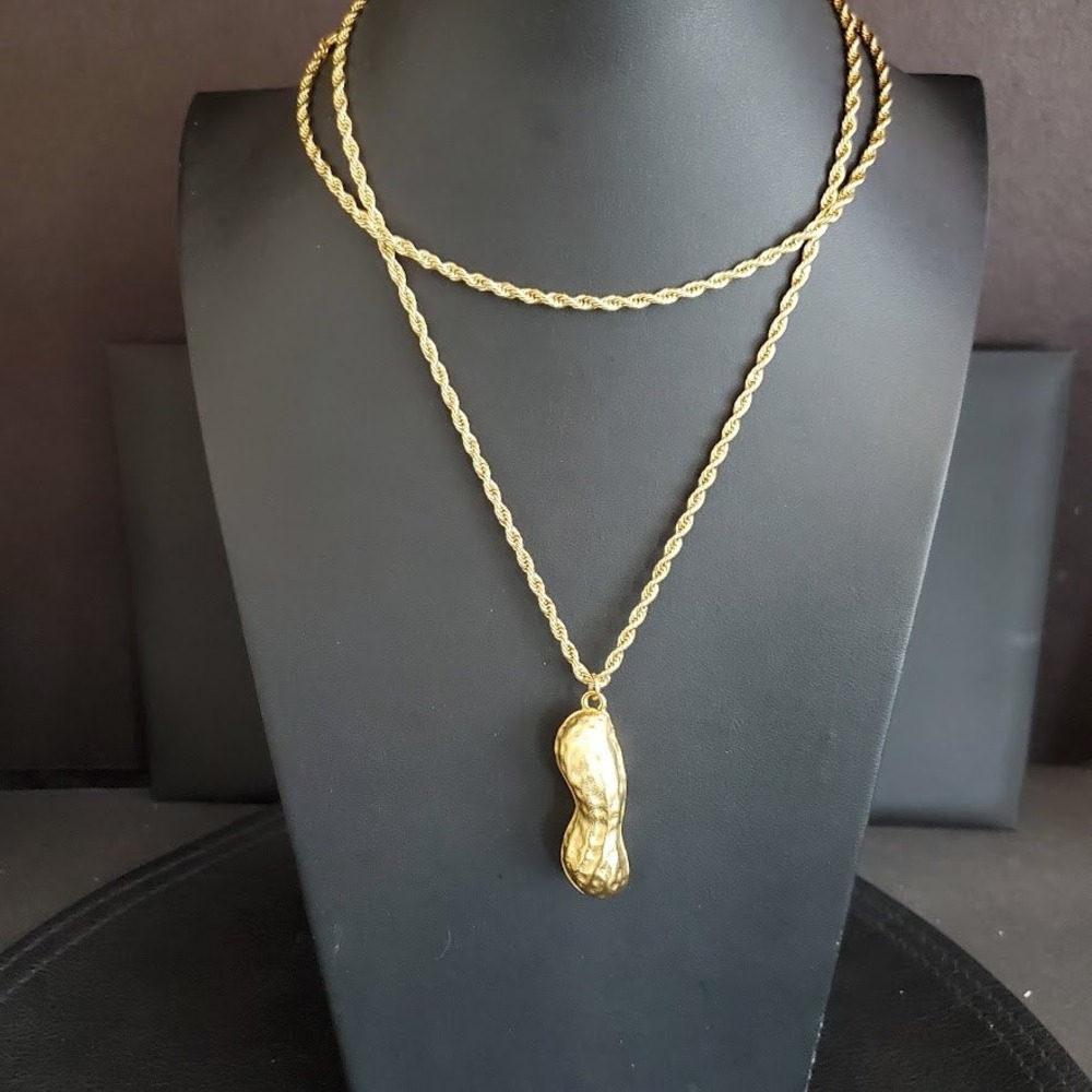 Kenneth Jay Lane KJL Gold Tone Peanut Pendant Long Rope Chain Necklace